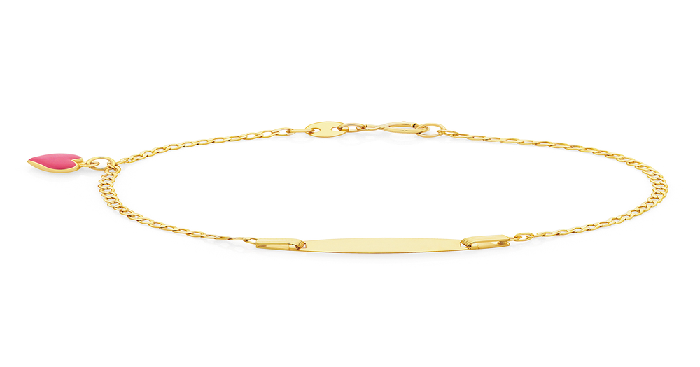 9ct Gold 15.5cm Solid Curb Pink Heart Id Bracelet Goldmark (AU)
