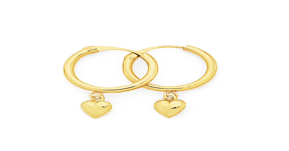 9ct Gold 1.5x10mm Heart Drop Hoop Earrings Goldmark (AU)