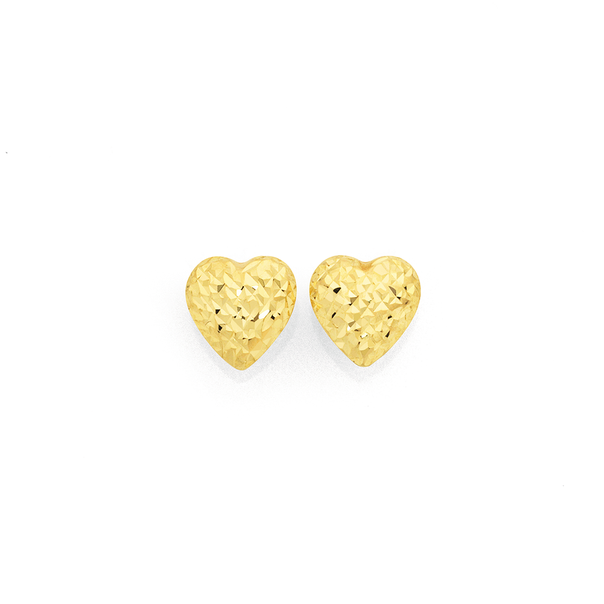 9ct Gold 8mm Diamond-cut Domed Heart Stud Earrings