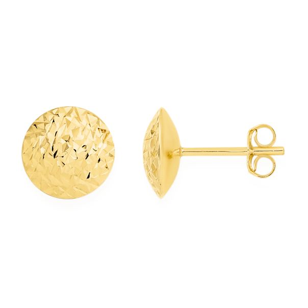 9ct Gold 9mm Diamond-cut Button Stud Earrings