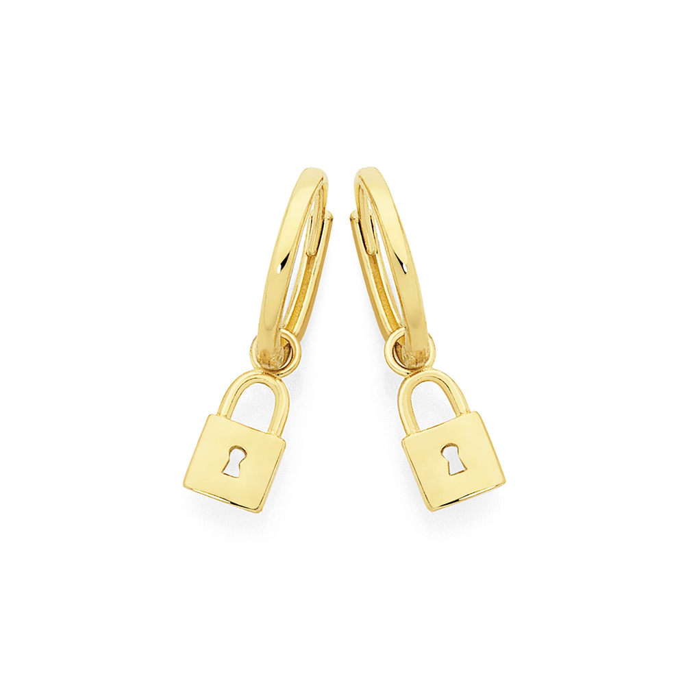9ct gold 9mm lock drop huggie earrings 2427021 189364