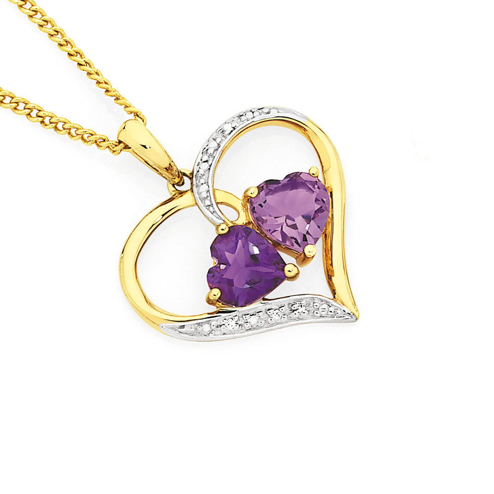 9ct Gold Amethyst Diamond Double Heart Open Heart Pendant in