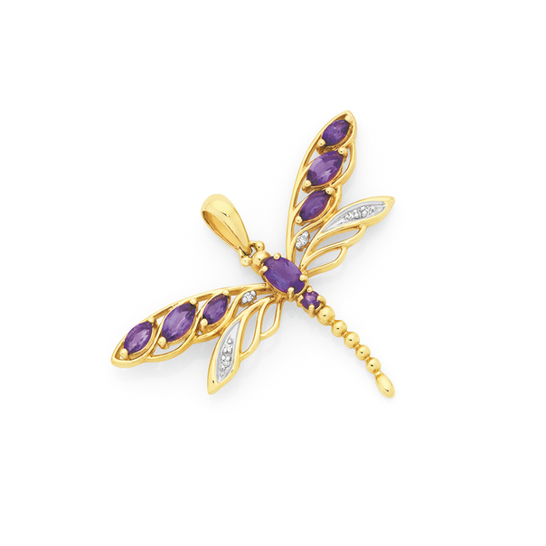 9ct Gold Amethyst & Diamond Filigree Dragonfly Pendant