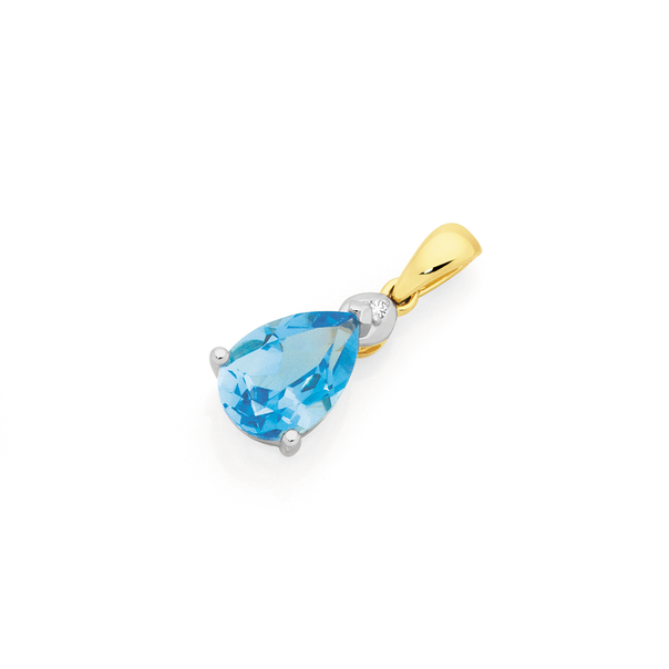 9ct Gold Blue Topaz & Diamond Pear Grace Pendant