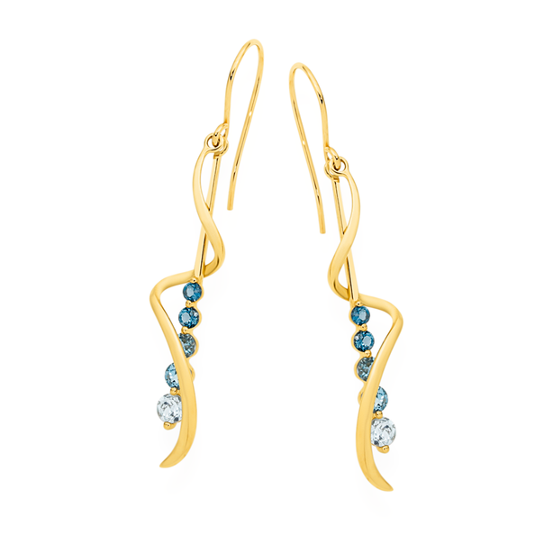 9ct Gold Blue Topaz Swirl Spiral Drop Earrings