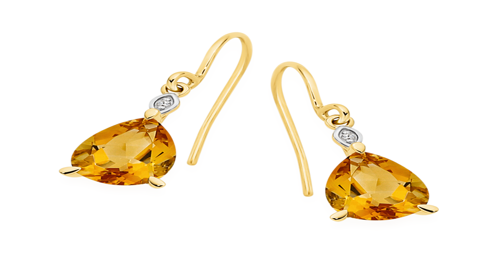 9ct Gold Citrine & Diamond Pear Drop Hook Earrings in Yellow