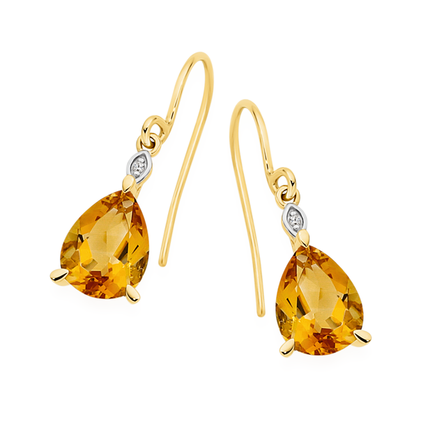 9ct Gold Citrine & Diamond Pear Drop Hook Earrings