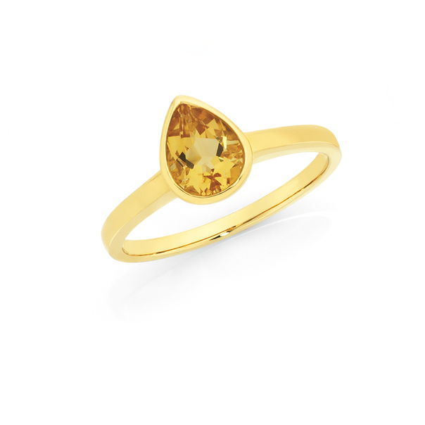 9ct Gold Citrine Pear Bezel Set Ring