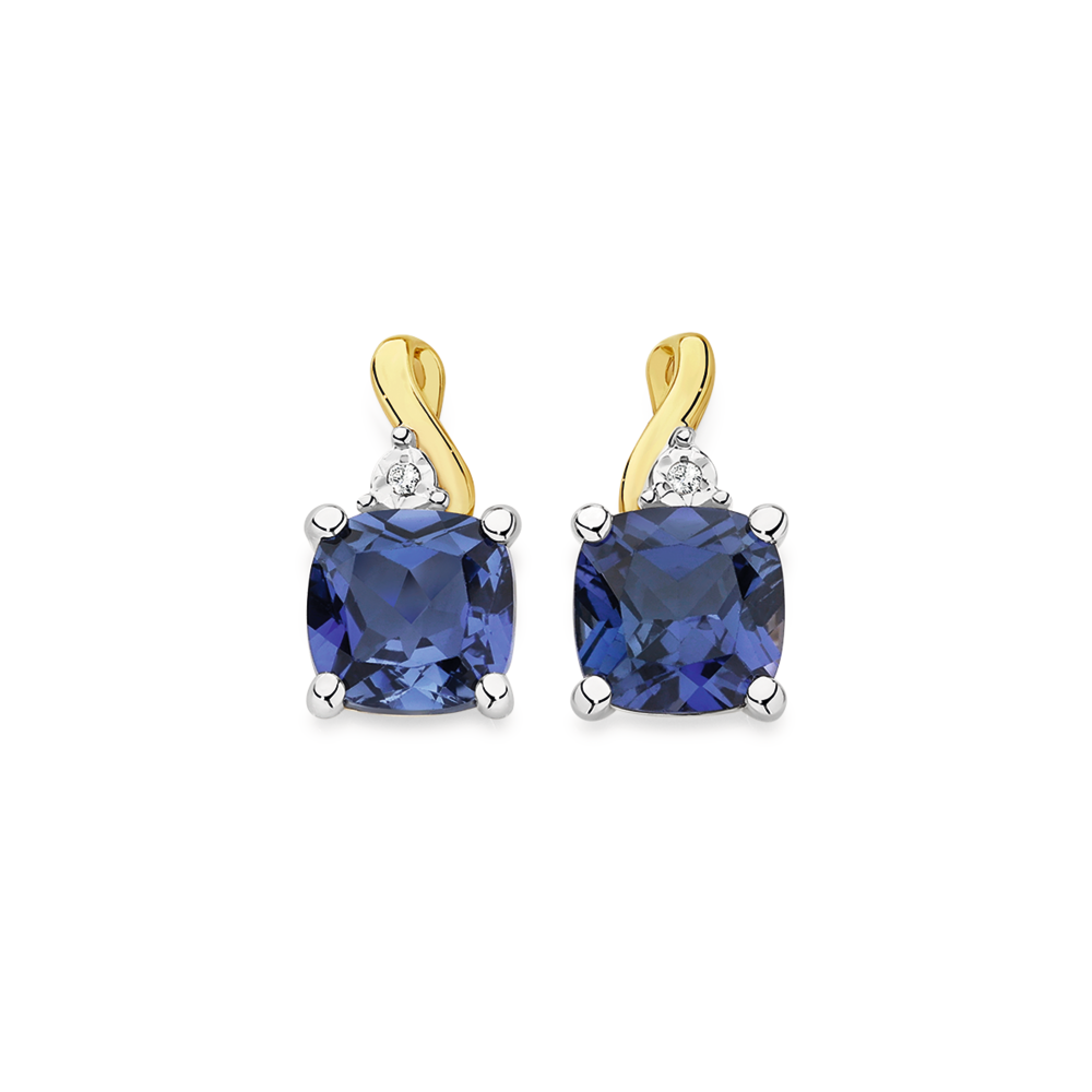 9ct Gold Created Ceylon Sapphire Diamond Stud Earrings in Blue