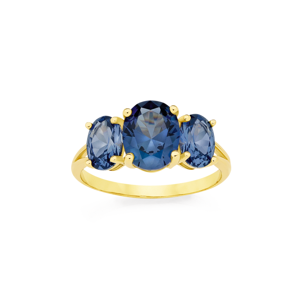 9ct Gold Created Ceylon Sapphire Trilogy Ring in Blue Goldmark (AU)