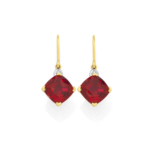 9ct Gold Created Ruby & Diamond Hook Earrings