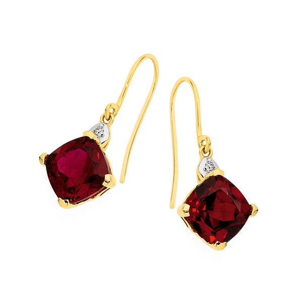 9ct Gold Created Ruby & Diamond Hook Earrings