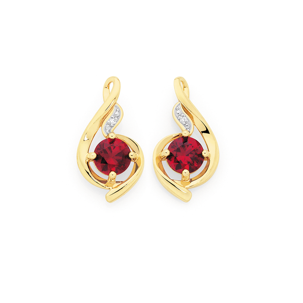 9ct Gold Created Ruby & Diamond Swirl Stud Earrings