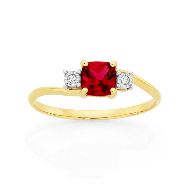 9ct Gold Created Ruby & Miracle Set Diamond Trilogy Ring