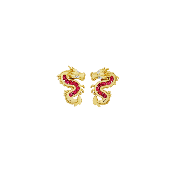 9ct Gold Created Ruby with Diamond Accents Dragon Stud Earrings