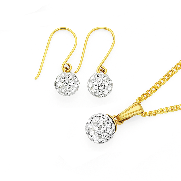 9ct Gold Crystal Ball Pendant Earring Set in White Goldmark (AU)