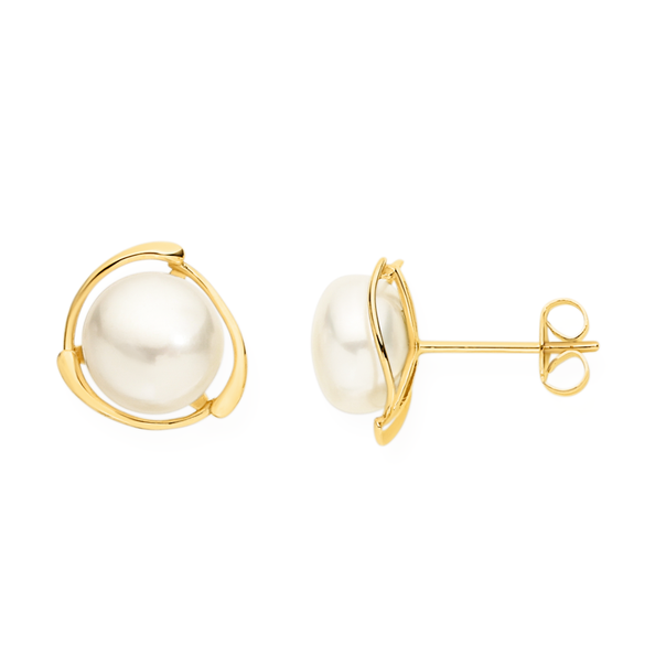 9ct Gold Cultured Freshwater Button Pearl Halo Stud Earrings