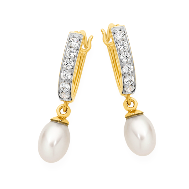 9ct Gold Cultured Freshwater Pearl & Cubic Zirconia Hoop Earrings