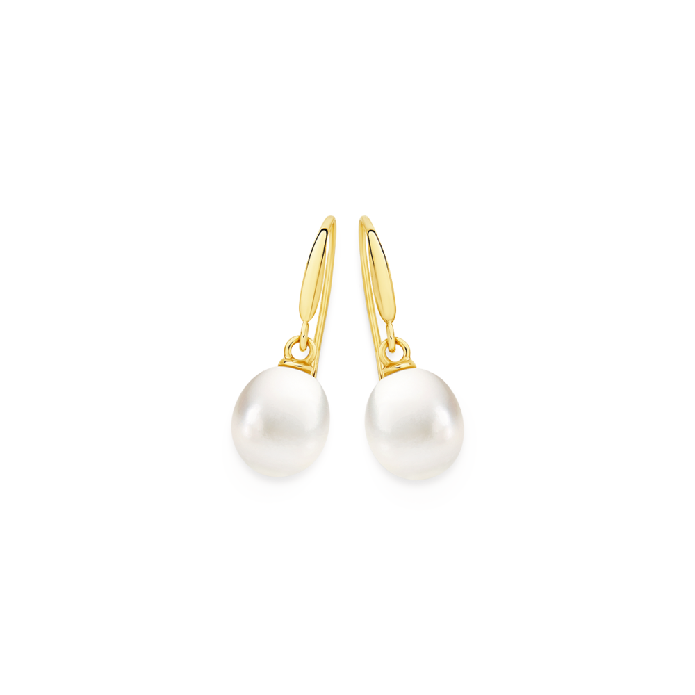 9ct Gold Cultured Freshwater Pearl Hook Earrings in White
