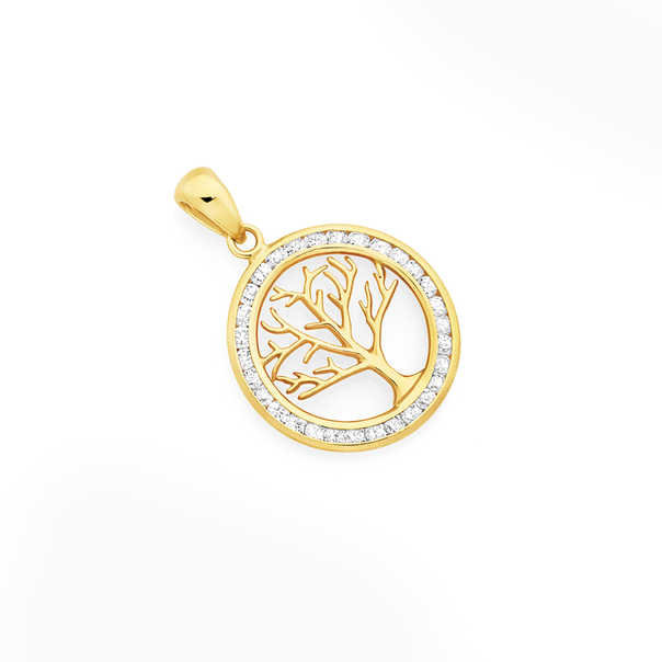 9ct Gold CZ Round Tree of Life Pendant