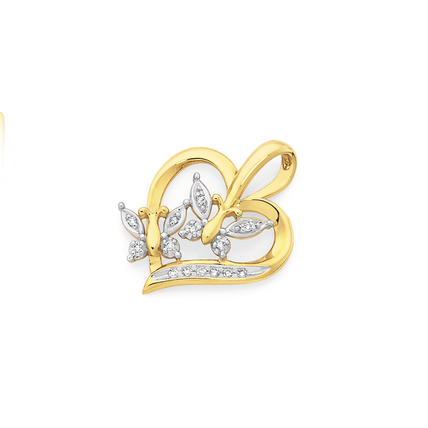 9ct Gold Diamond Butterflies Heart Pendant