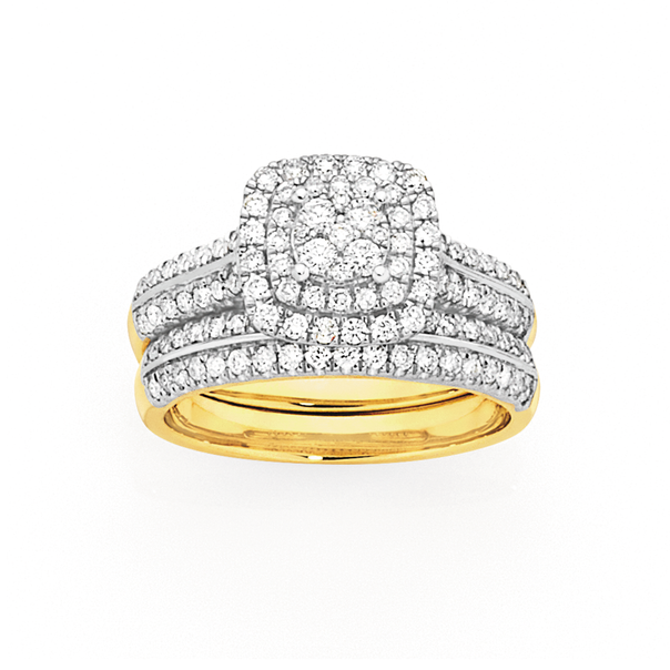 9ct Gold Diamond Cushion Shape Cluster Bridal Set