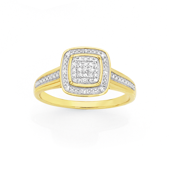9ct Gold Diamond Cushion Shape Shoulder Set Dress Ring