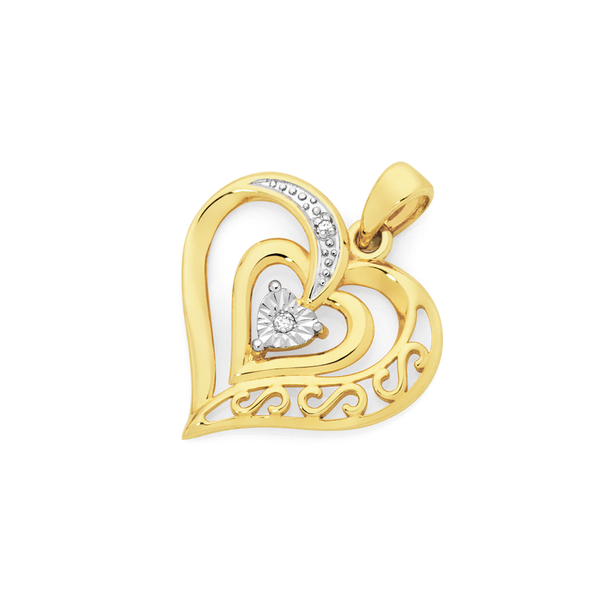 9ct Gold Diamond Double Open Heart Pendant