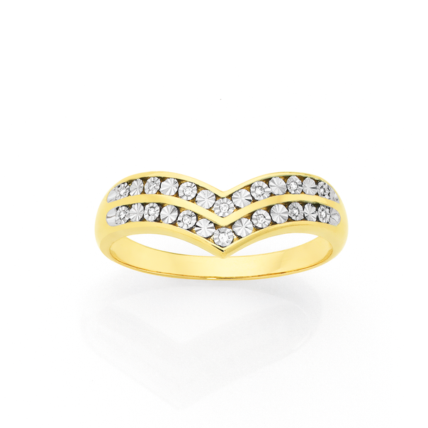 9ct Gold Diamond Double V Shape Ring