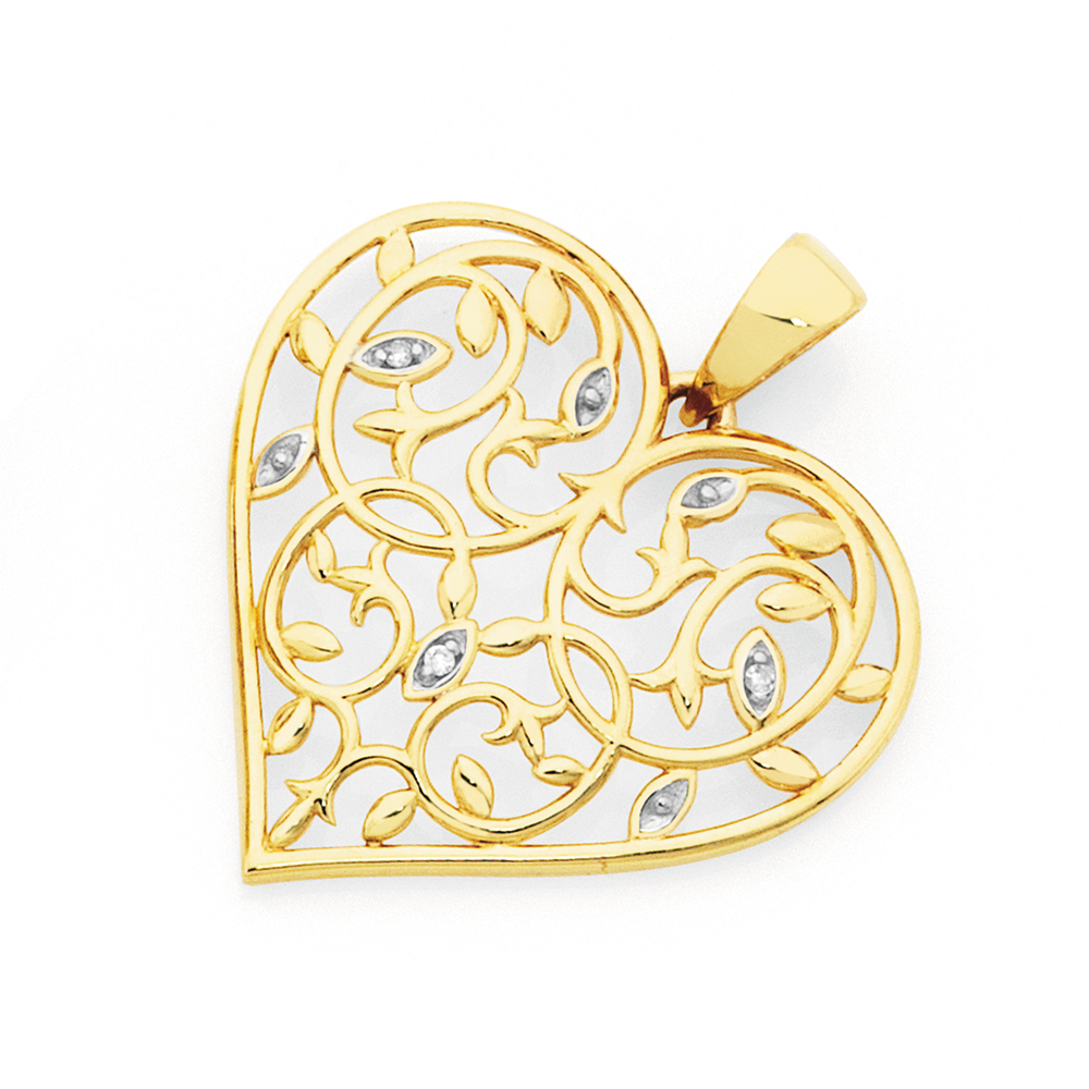 9ct Gold Diamond Filigree Heart Pendant 