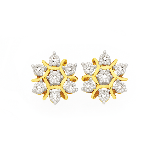 9ct Gold Diamond Miracle Set Snowflake Stud Earrings