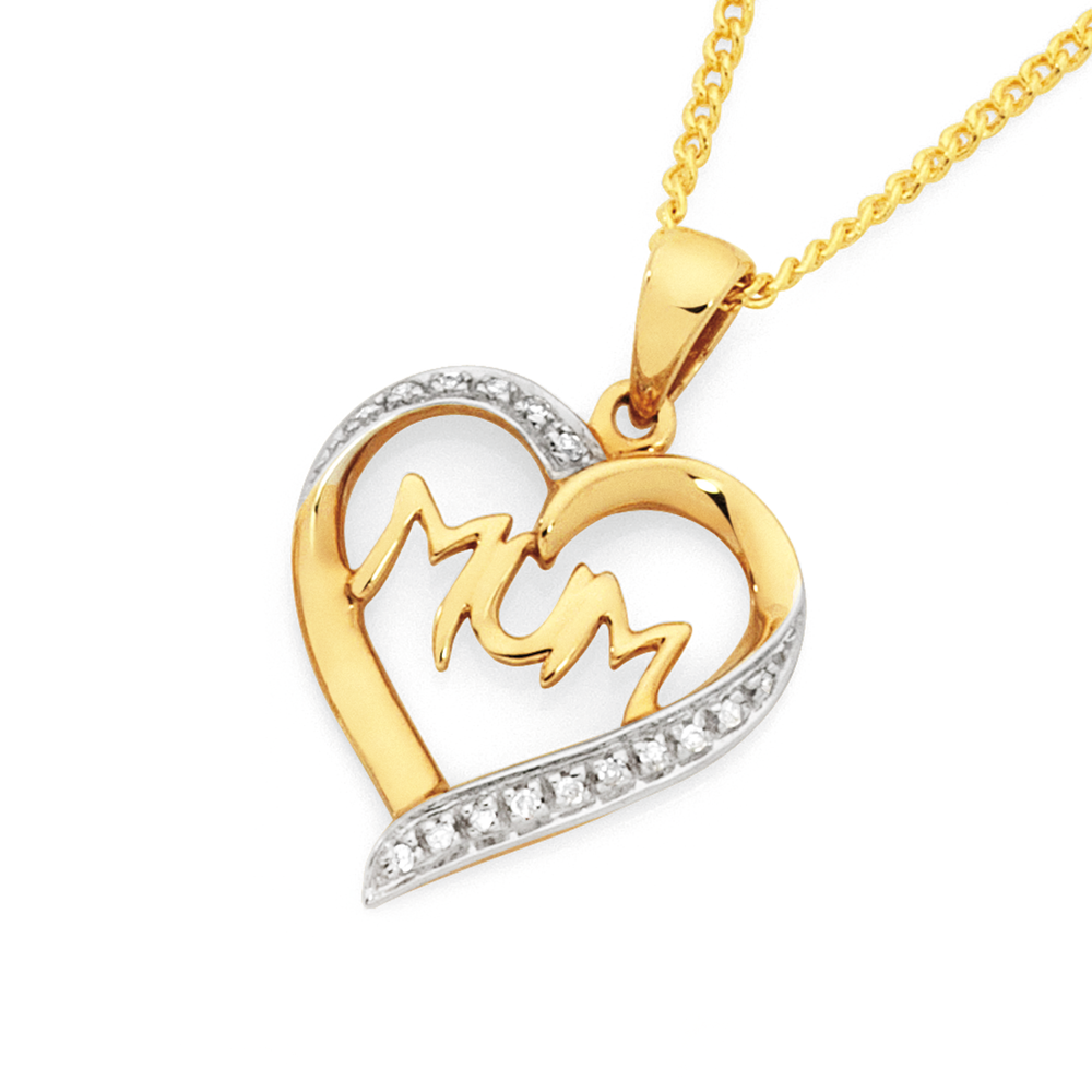 Solid Yellow Gold Rhodium Heart Diamond Cursive Mum Pendant Necklace