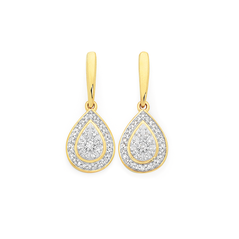 Pear Shaped Diamond Cluster Drop Earrings 14K Yellow Gold