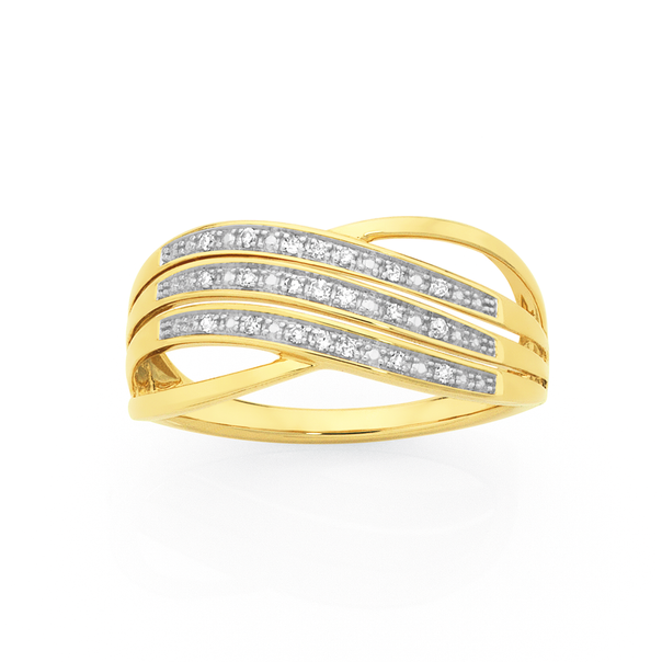 9ct Gold Diamond Three Row Crossover Ring
