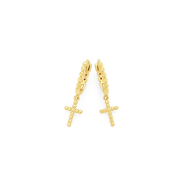 9ct Gold Dotted Cross Drop Huggie Earrings