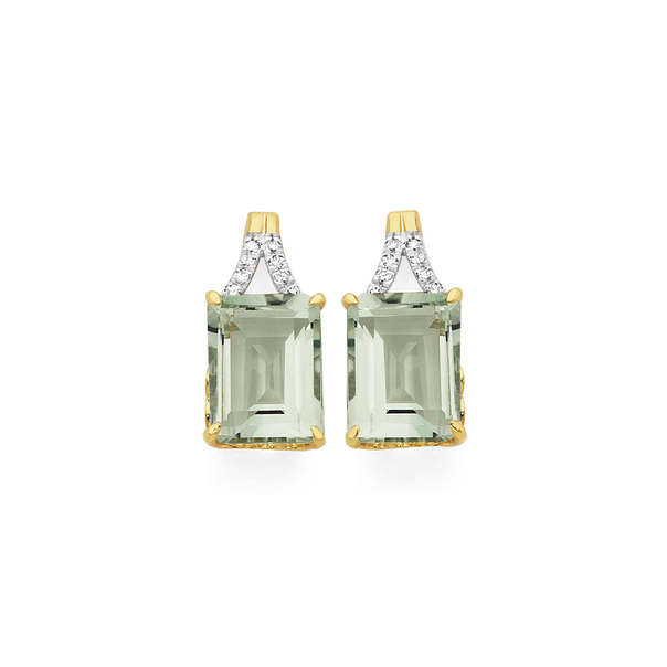 9ct Gold Green Amethyst & Diamond Earrings