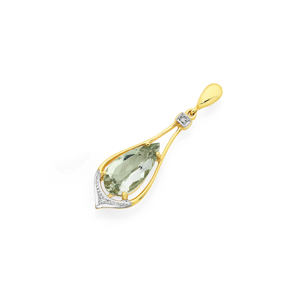 9ct Gold Green Amethyst & Diamond Teardrop Pendant