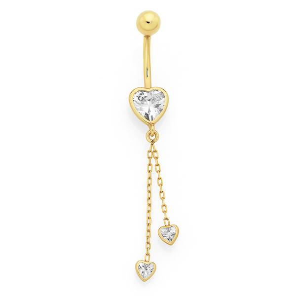 9ct Gold Heart Cubic Zirconia with Heart Trace Drop Belly bar