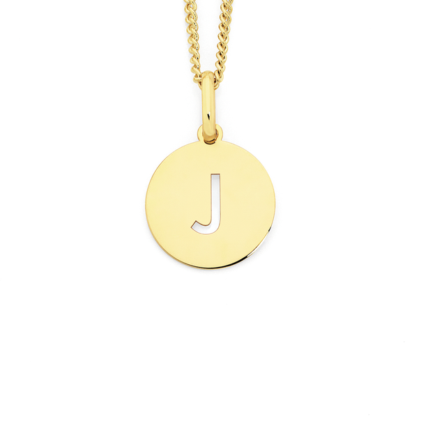 9ct Gold Initial  J  Sanserif Round Disc Pendant