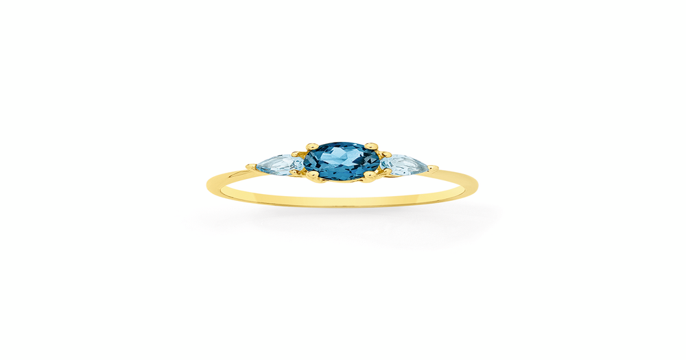 9ct Gold London Blue, Swiss Blue Topaz Trilogy Ring in Blue | Goldmark (AU)
