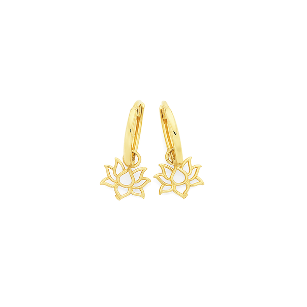 9ct Gold Lotus Flower Drop Huggie Earrings