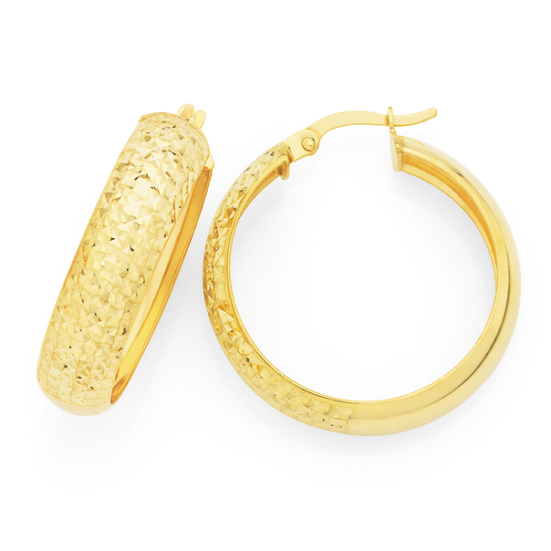 9ct Gold on Silver 7x20mm Diamond-cut Hoop Earrings