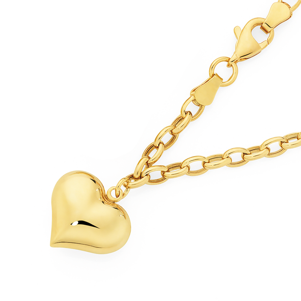 9ct Gold on Silver Hollow Belcher Bracelet with Puff Heart