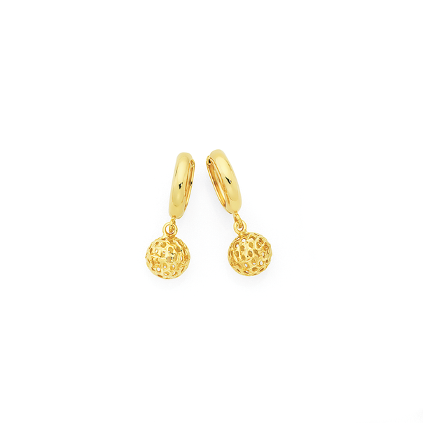 9ct Gold on Silver Lattice Ball Drop Huggie Earrings