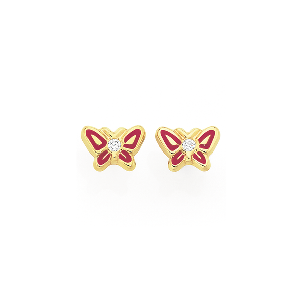9ct Gold Pink Enamel & CZ Butterfly Stud Earrings