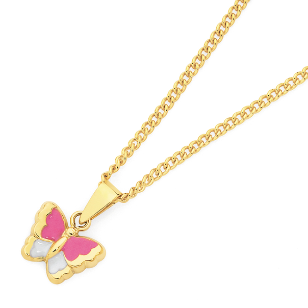 9ct Gold Pink & White Enamel Butterfly Pendant