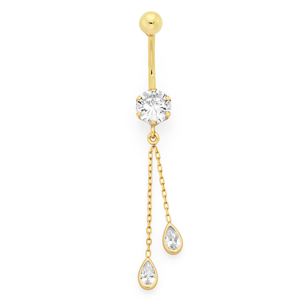 9ct Gold Round Cubic Zirconia with Pear Trace Drop Belly Bar