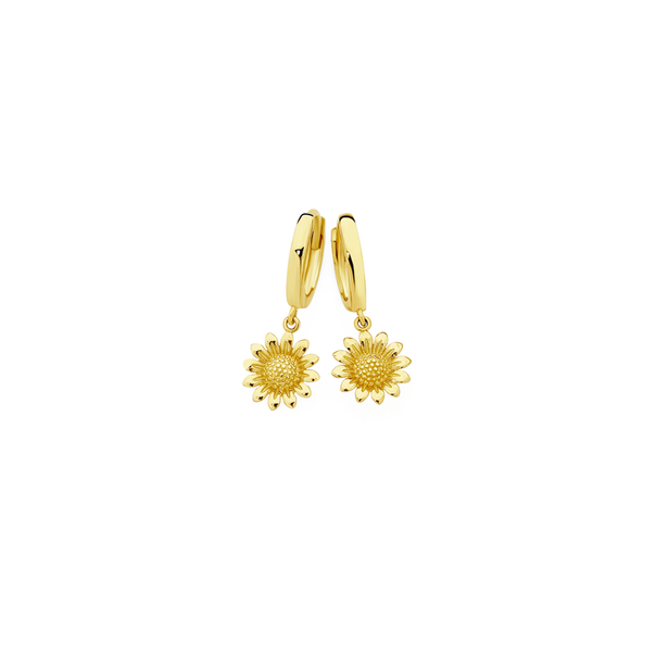 9ct Gold Sunflower Drop Huggie Earrings