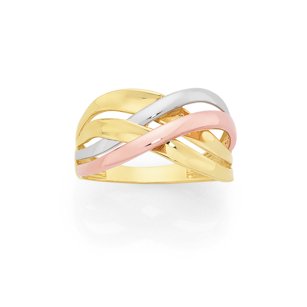 9ct Gold Tri Tone Multi Ribbon Plait Ring
