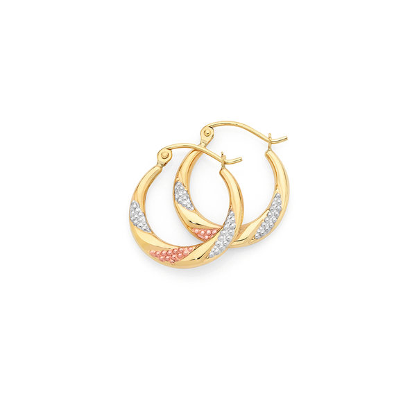 9ct Gold Tri Tone Pleated Creole Earrings